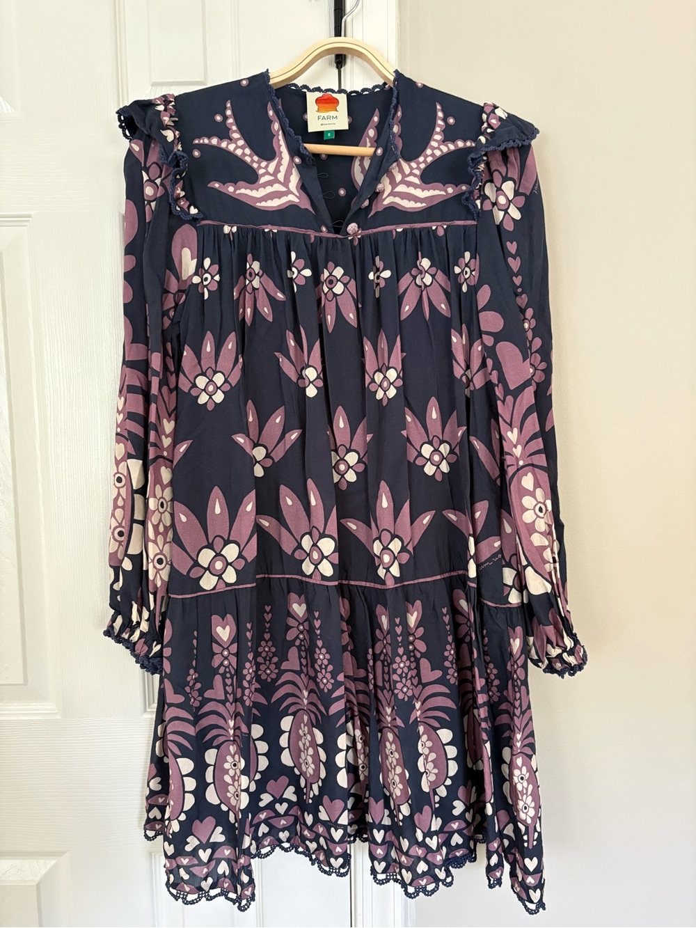 FARM Rio Navy and Mauve Floral Long-Sleeve Dress